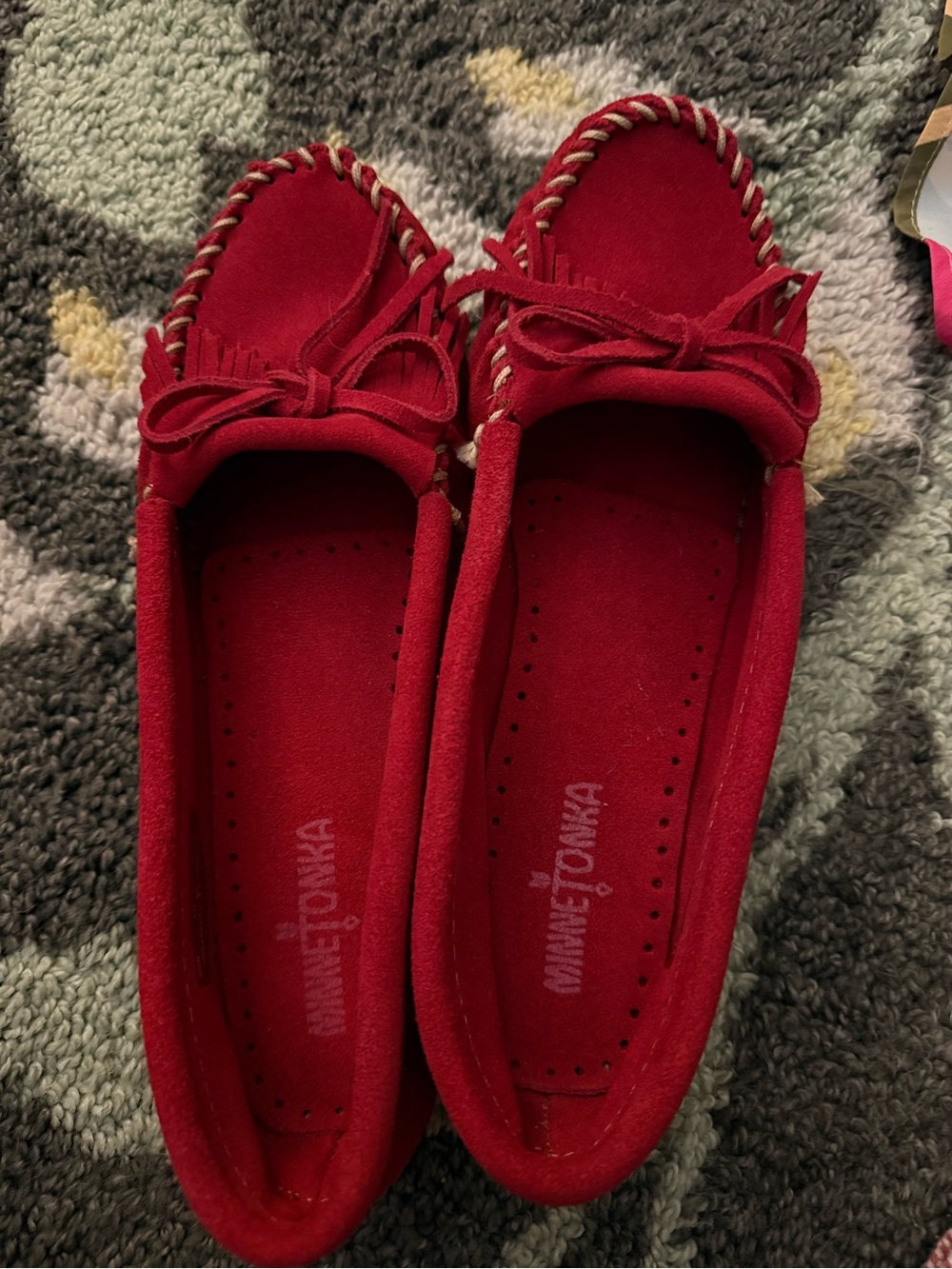 Minnetonka Red Suede Bow Moccasins